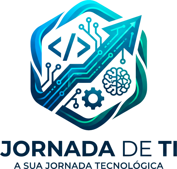 Logo Jornada de TI: hexágono com seta ascendente, código, circuito, engrenagem e cérebro